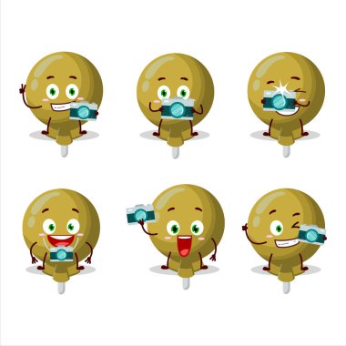 Sarı lolipop ambalajlı bir çizgi film karakteri ile fotoğrafçılık mesleği simgesi. Vektör illüstrasyonu