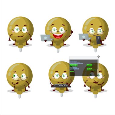 Sarı lolipop paketlenmiş tatlı çizgi film karakteri. Vektör illüstrasyonu