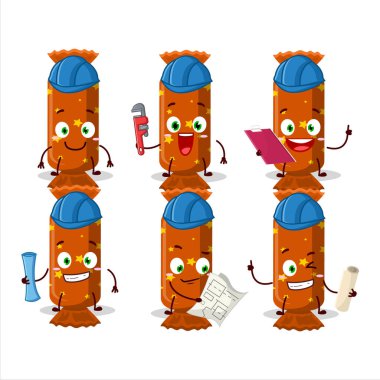 Mimar, turuncu uzun şeker paketi kerpetenle sevimli maskot karakter. Vektör illüstrasyonu