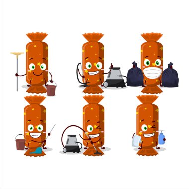 Temizlik servisi portakallı uzun şeker paketi paspas kullanan sevimli çizgi film karakteri. Vektör illüstrasyonu