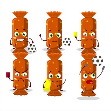 Futbol hakemi olarak çalışan turuncu uzun şekerli çizgi film karakteri. Vektör illüstrasyonu