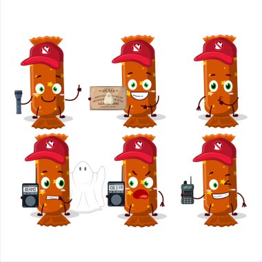 Hayalet avcısı çizgi film turuncu uzun şeker paketi karakteri kamera kullanıyor. Vektör illüstrasyonu