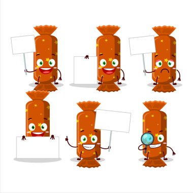 Turuncu uzun şekerli çizgi film karakteri bilgi panosunu getirdi. Vektör illüstrasyonu