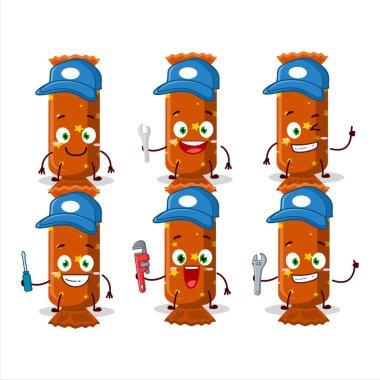 Tamirci, turuncu, uzun şeker paketi kerpetenle sevimli maskot karakter. Vektör illüstrasyonu