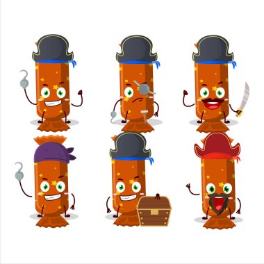 Çeşitli korsan simgeleriyle portakal rengi uzun şeker paketinin çizgi film karakteri. Vektör illüstrasyonu