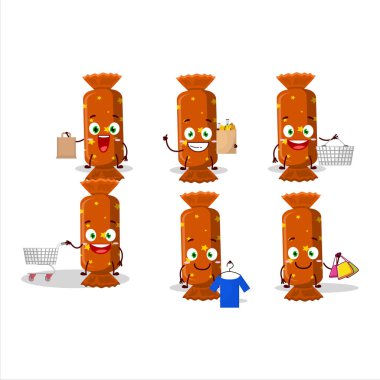 Zengin portakallı uzun şeker paketi maskot tasarımı alışverişe gidiyor. Vektör illüstrasyonu