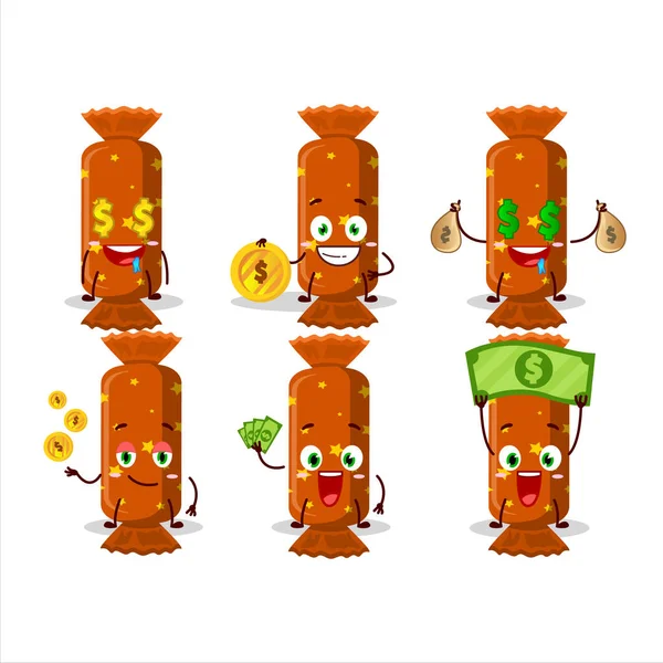 Portakal rengi, uzun şekerli çizgi film karakteri yanında para getiriyor. Vektör illüstrasyonu