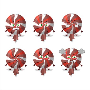 Kırmızı kıvrımlı lolipop, çeşitli kızgın ifadeleri olan çizgi film karakteri. Vektör illüstrasyonu