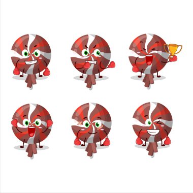 Sportif kırmızı bir lolipop, boks atleti maskot tasarımı. Vektör illüstrasyonu