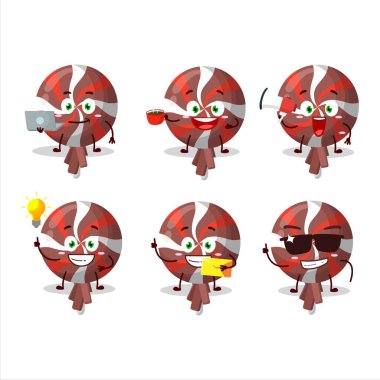 Kırmızı twirl lolipop, çeşitli iş simgelerine sahip çizgi film karakteri. Vektör illüstrasyonu