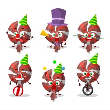 Çeşitli sirk gösterileriyle sarılı kırmızı lolipopun çizgi film karakteri. Vektör illüstrasyonu