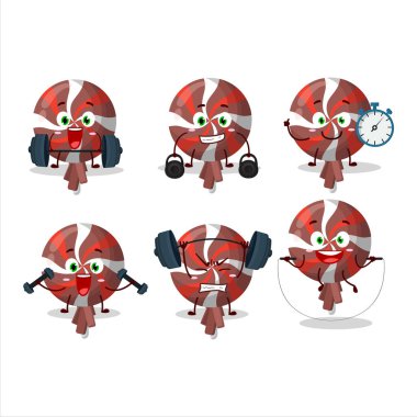 Sağlıklı kırmızı bir lolipop çizgi film tarzında spor salonunda bazı aletler deniyordu. Vektör illüstrasyonu