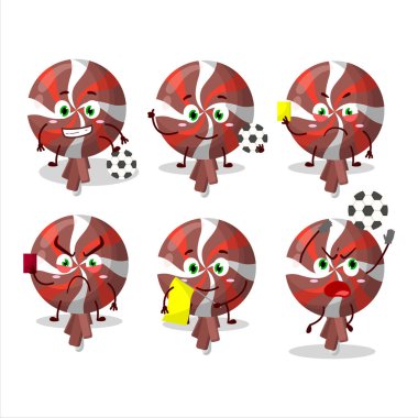 Kırmızı twirl lolipop, futbol hakemi olarak çalışan çizgi film karakteri. Vektör illüstrasyonu