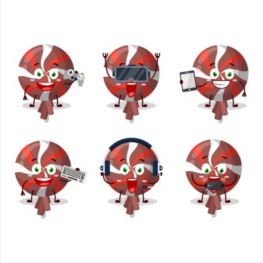 Kırmızı twirl lolipop ambalajlı çizgi film karakteri çeşitli şirin duygu simgeleriyle oyunlar oynuyor. Vektör illüstrasyonu