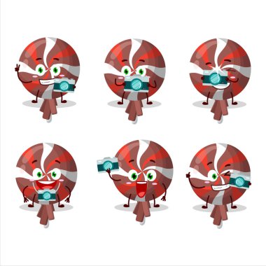 Kırmızı twirl lolipop sarılmış çizgi film karakteri ile fotoğrafçı mesleği simgesi. Vektör illüstrasyonu