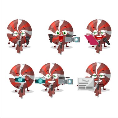 Karakter muhabiri Red twirl lolipop sevimli maskotu mikrofonla sarmış. Vektör illüstrasyonu