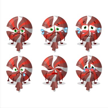 Kırmızı twirl lolipop karikatür karakterinin üzgün bir ifadesi var. Vektör illüstrasyonu