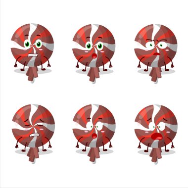 Korkmuş ifadeyle sarmalanmış kırmızı lolipopun karakteri. Vektör illüstrasyonu