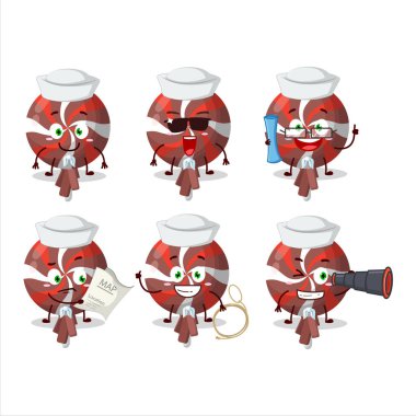 Dürbünlü bir gemi kaptanı gibi sarılmış kırmızı lolipopun karakter tasarımı. Vektör illüstrasyonu