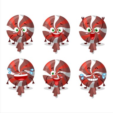 Gülen yüz ifadesine bürünmüş kırmızı lolipopun çizgi film karakteri. Vektör illüstrasyonu