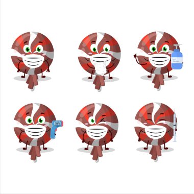 Kırmızı twirl lolipop karikatür tasarım tarzı bir resim salgın sırasında sağlıklı kalmaya devam ediyor. Vektör illüstrasyonu