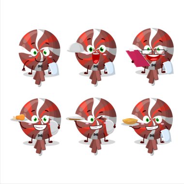 Mutlu kırmızı twirl lolipop paketlenmiş garson çizgi film karakteri elinde tabak tutuyor. Vektör illüstrasyonu