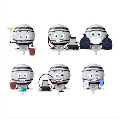 Temizlik servisi beyaz lolipop paspas kullanarak sevimli bir çizgi film karakteri sardı. Vektör illüstrasyonu