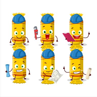 Mimar sarı uzun şeker paketi kerpetenle sevimli maskot karakter. Vektör illüstrasyonu