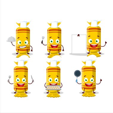 Sarı uzun şeker paketinin çizgi film karakteri ve çeşitli şef ifadeleri. Vektör illüstrasyonu