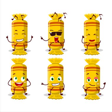 Sarı, uzun, şeker paketli dansçı çizgi film karakterinin müzikten hoşlanışının görüntüsü. Vektör illüstrasyonu