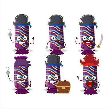 Mor uzun şeker paketinin çizgi film karakteri ve çeşitli korsan ifadeleri. Vektör illüstrasyonu