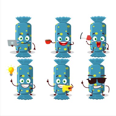 Değişik iş simgelerine sahip mavi uzun şekerli çizgi film karakteri. Vektör illüstrasyonu