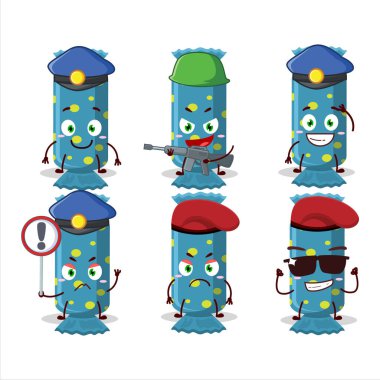 Mavi uzun şeker paketi maskotu tasarım tarzında kendini işine adamış bir polis memuru. Vektör illüstrasyonu