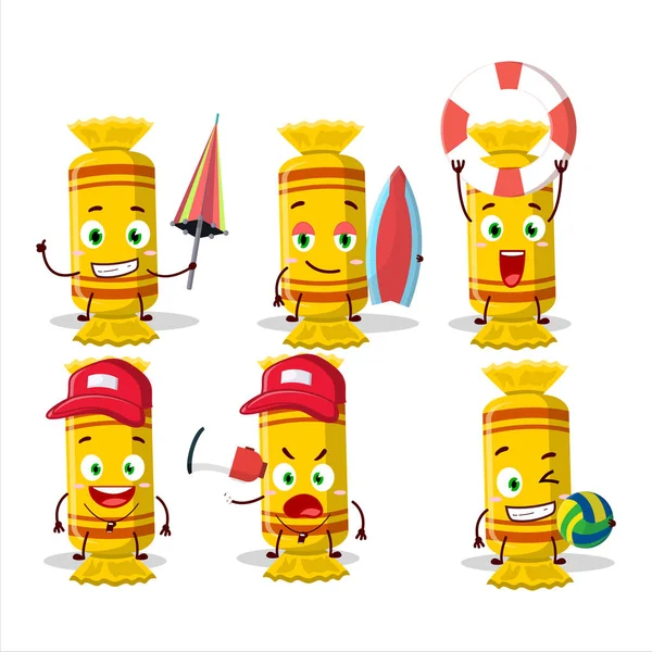 ハッピーフェイス黄色の長いキャンディーパッケージ漫画のキャラクターがビーチで遊んでいます ベクターイラスト — ストックベクタ