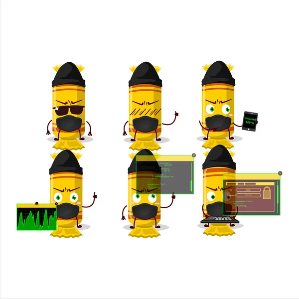 Ένα Hacker Κίτρινο Μακρύ Πακέτο Καραμέλα Μασκότ Χαρακτήρα Εικονογράφηση Διανύσματος — Διανυσματικό Αρχείο