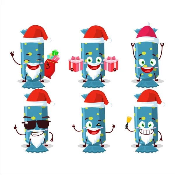 圣诞老人的情感与蓝色长糖果包装卡通人物 矢量说明 — 图库矢量图片