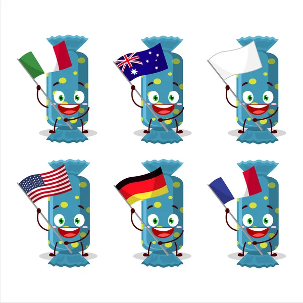Pacchetto Caramelle Blu Lungo Personaggio Cartone Animato Portare Bandiere Vari — Vettoriale Stock
