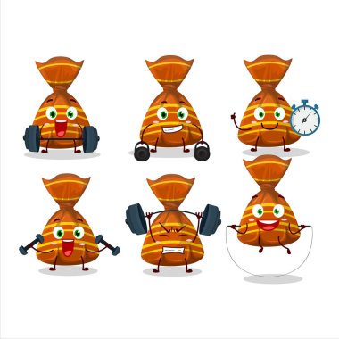 Sağlıklı bir turuncu şeker ambalajı çizgi film stili Fitness merkezinde bazı aletler deniyor. Vektör illüstrasyonu