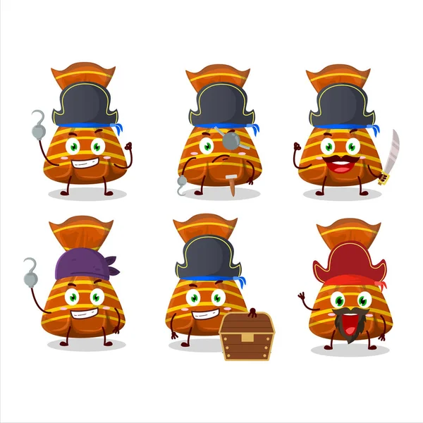 Personaje Dibujos Animados Envoltorios Caramelo Naranja Con Varios Emoticonos Piratas — Vector de stock