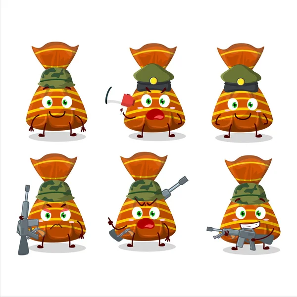 Okouzlující Voják Oranžové Bonbóny Obaly Kreslený Obrázek Přinést Zbraň Stroj — Stockový vektor
