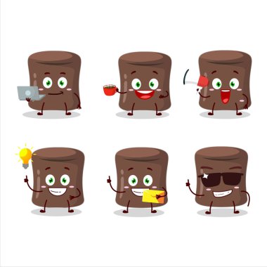 Çikolatalı marşmelov çizgi film karakteri ve çeşitli iş simgeleri. Vektör illüstrasyonu