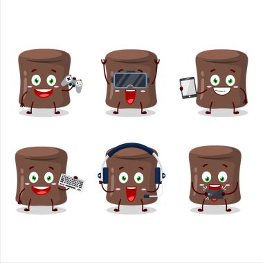 Çikolatalı marshmallow çizgi film karakteri çeşitli şirin emoticonlarla oyunlar oynuyor. Vektör illüstrasyonu