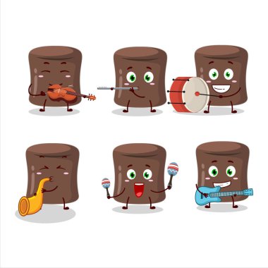 Çikolatalı şekerlemenin çizgi film karakteri müzik enstrümanları çalıyor. Vektör illüstrasyonu