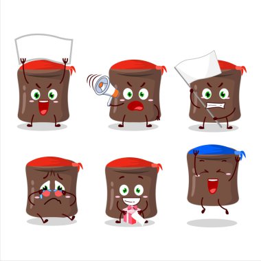 Çekici bir destekçi olarak çikolata marshmallow karakterinin maskot tasarımı. Vektör illüstrasyonu