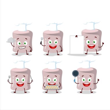 Çeşitli şef ifadeleriyle çilekli şekerlemenin çizgi film karakteri. Vektör illüstrasyonu