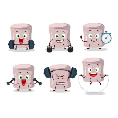 Sağlıklı bir çilekli marshmallow çizgi film stili Fitness merkezinde bazı aletler deniyor. Vektör illüstrasyonu