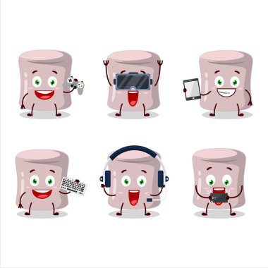 Çilekli marshmallow çizgi film karakteri çeşitli şirin duygu simgeleriyle oyunlar oynuyor. Vektör illüstrasyonu