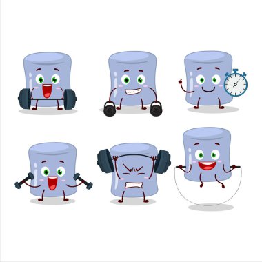 Sağlıklı bir yaban mersini çizgi film stili Fitness merkezinde bazı aletler deniyor. Vektör illüstrasyonu