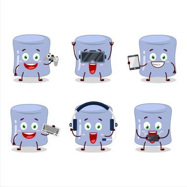 Yaban mersinli marshmallow çizgi film karakteri çeşitli şirin duygu simgeleriyle oyunlar oynuyor. Vektör illüstrasyonu