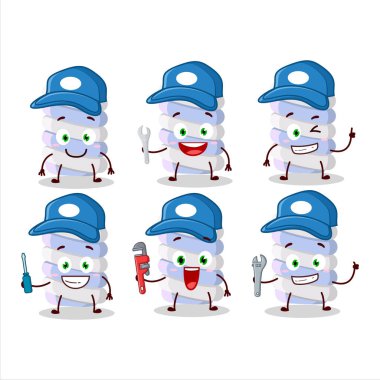 Mekanik mavi lokum. Kerpeten takan sevimli maskot karakter. Vektör illüstrasyonu